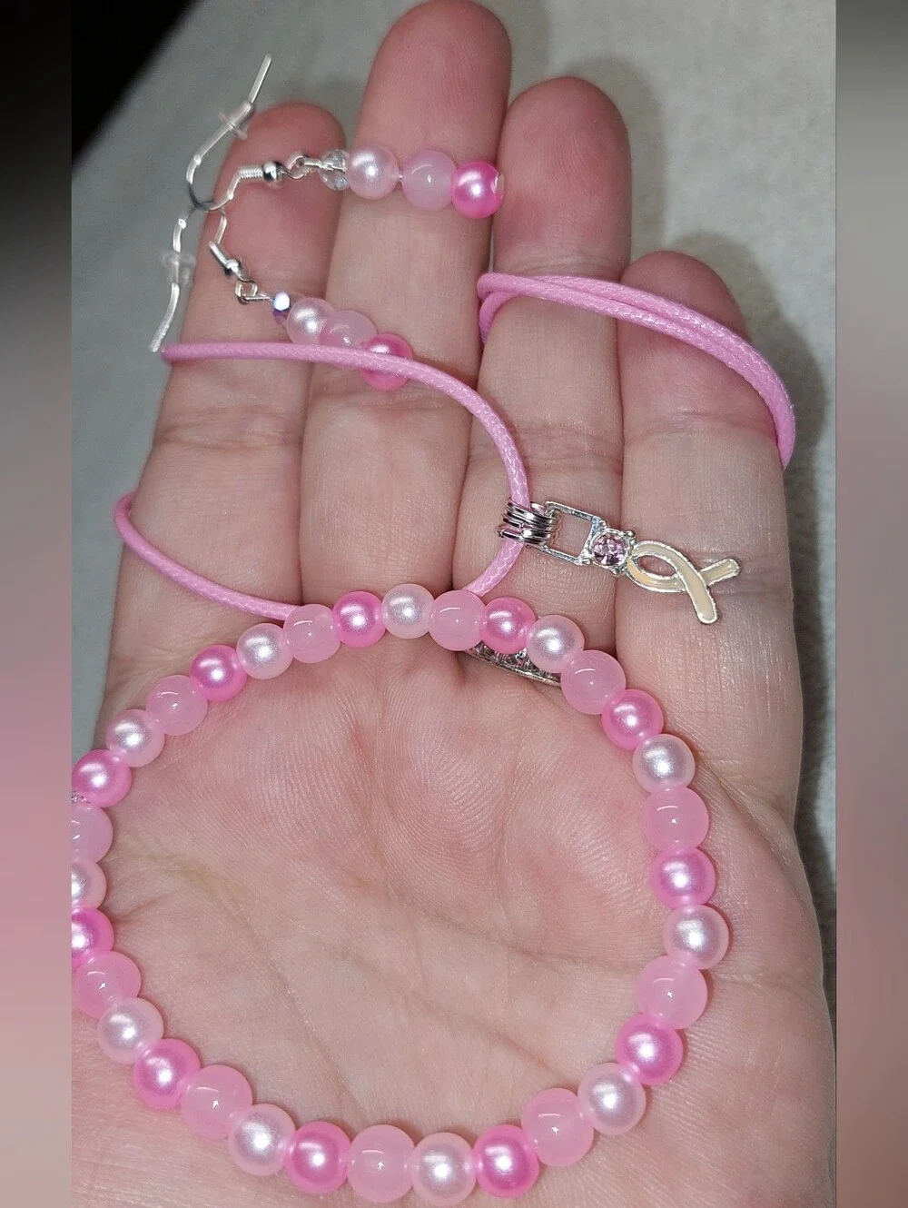 Pink Pearl Bead Bracelet, Necklace & Earring Set - Breast Cancer Ribbon Charm